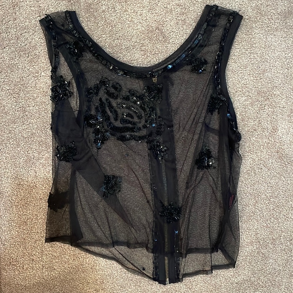 See through mesh beaded shirt black sequins